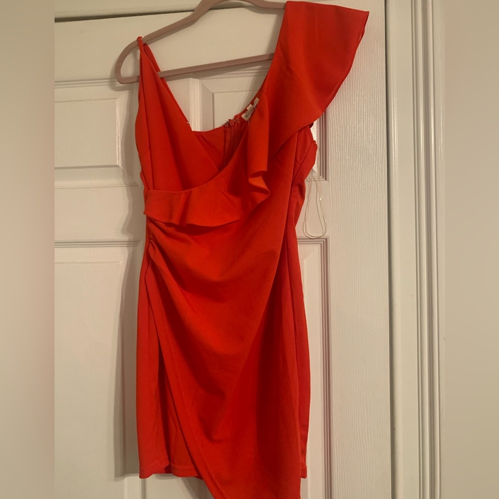 Size medium, red asymmetrical dress